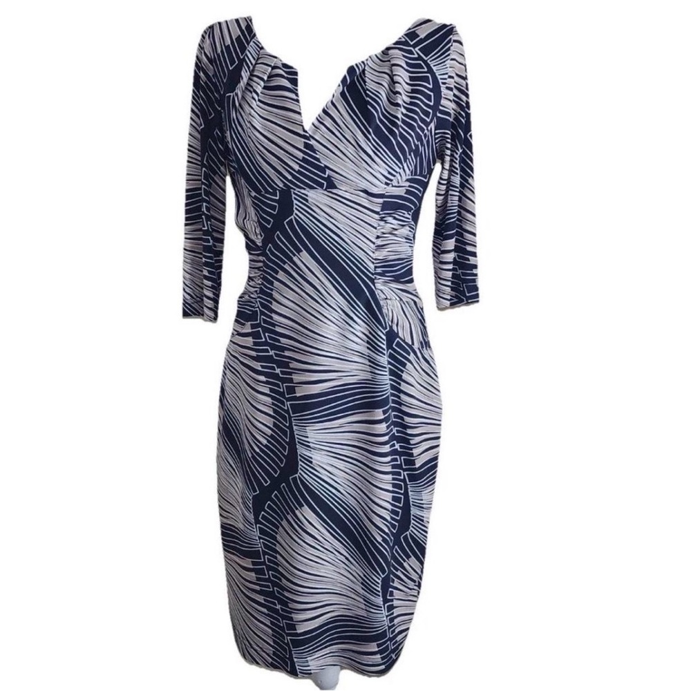 Adrianna Papell Navy Beige Geometric Sheath Dress Size 4